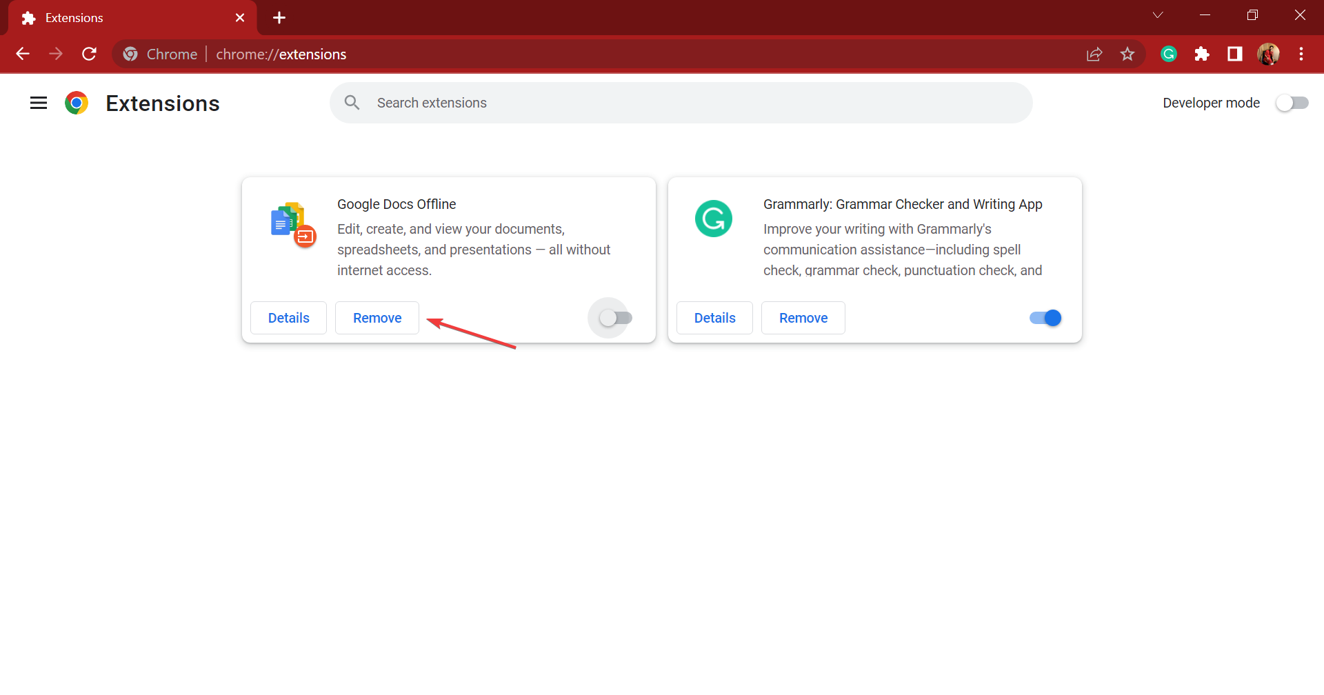 Кнопка «Удалить» для расширения