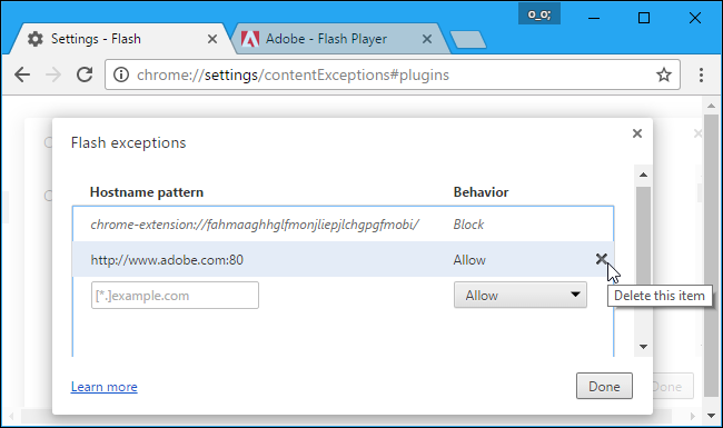 Окно управления исключениями Flash в Chrome — список разрешённых и заблокированных сайтов