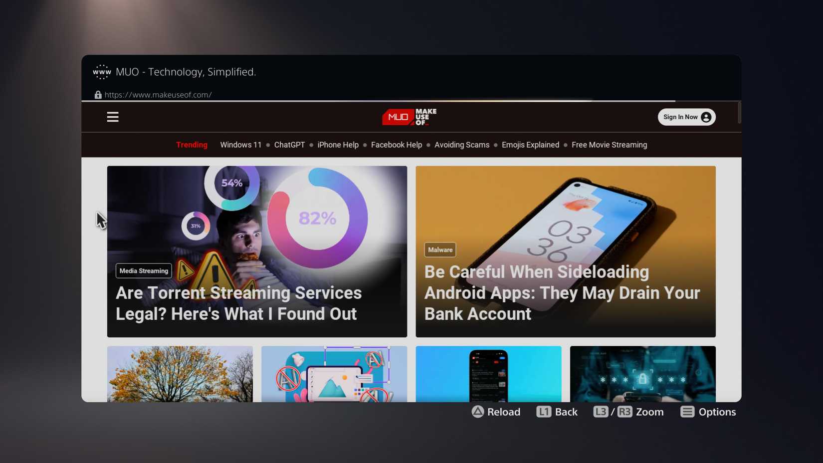 Сайт в PS5-браузере на примере MUO