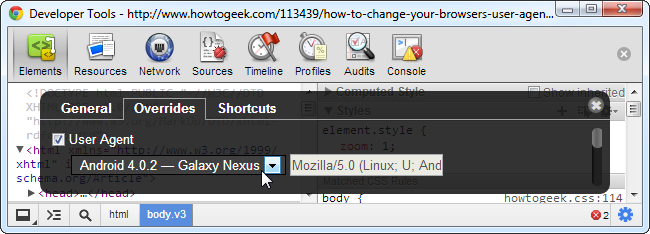 Смена user agent в Chrome через инструменты разработчика