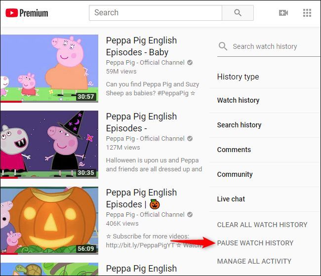 Скриншот: кнопка приостановки истории просмотра на вебе