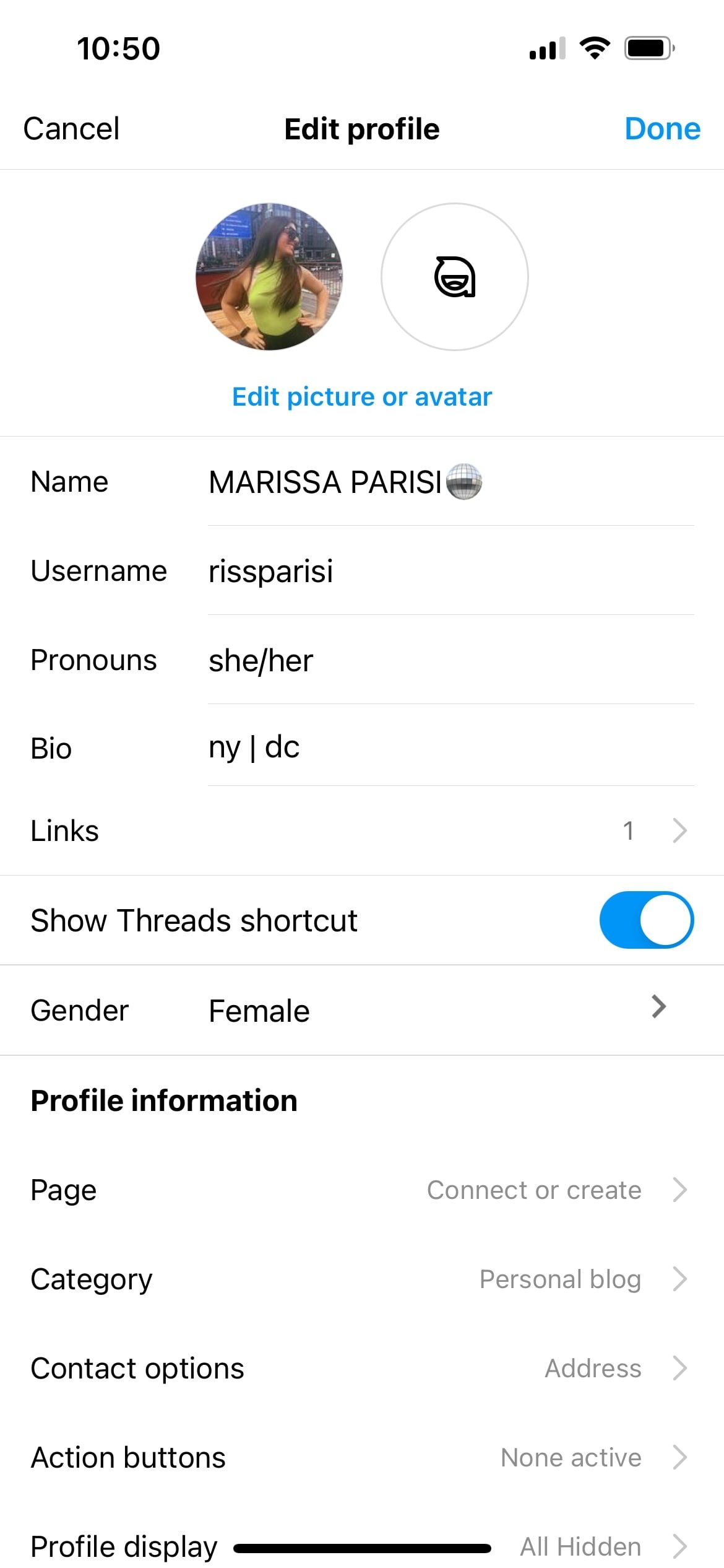 Редактор профиля Instagram с полем для ссылок