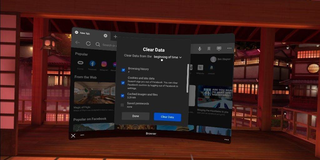 Окно очистки истории в Oculus Quest 2