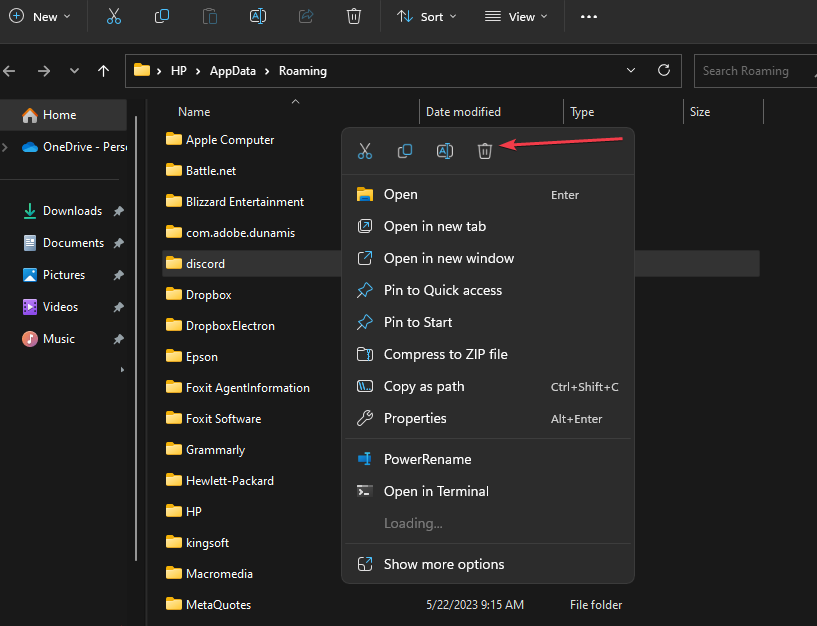 Папка Discord в Roaming, выделена для удаления
