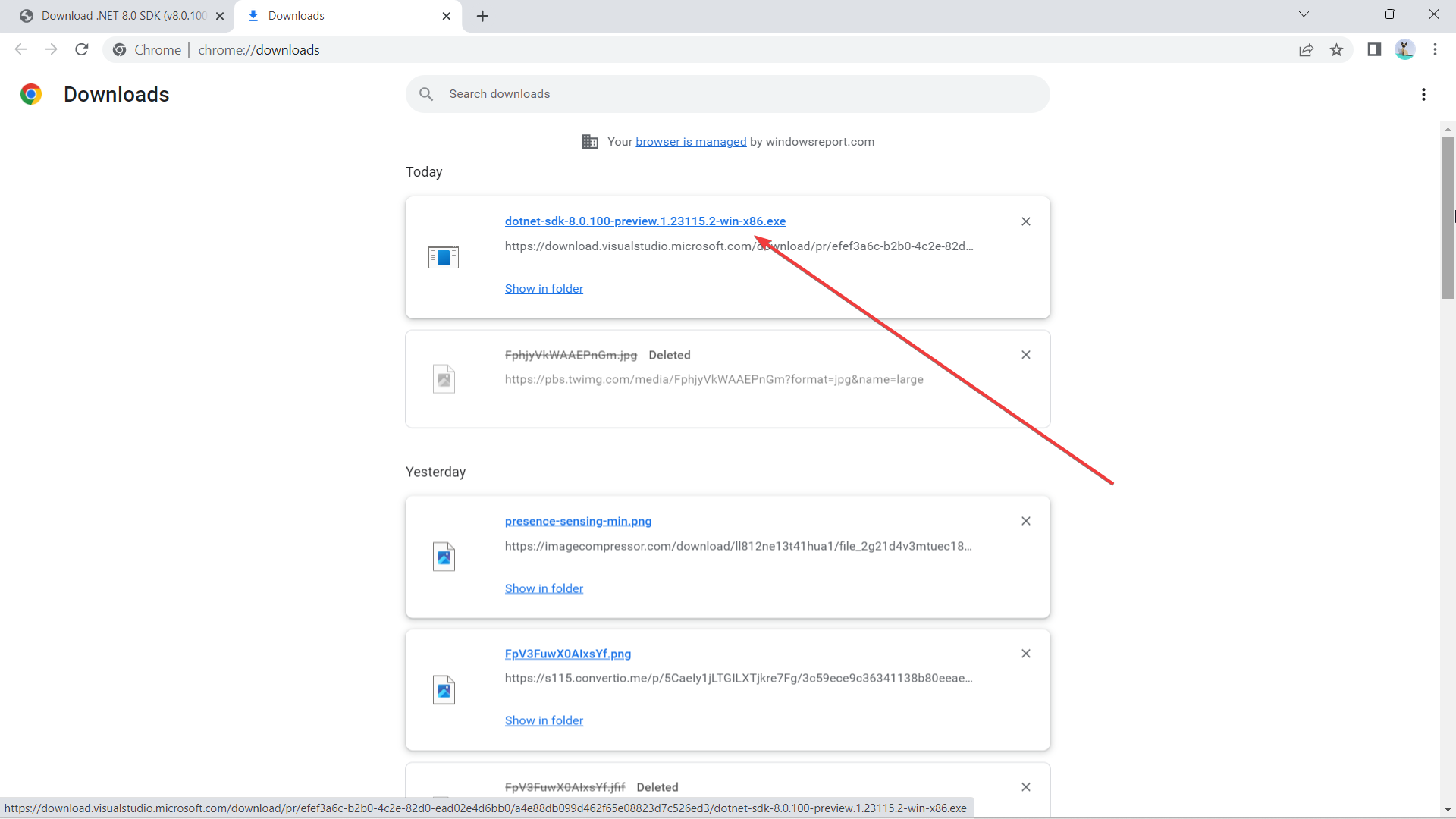 Окно запуска установочного файла .NET 8