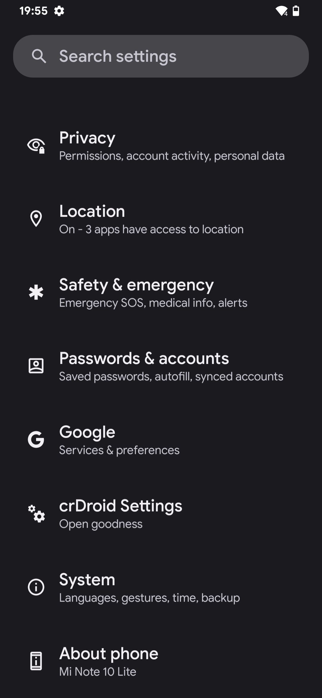 Главная страница приложения «Настройки» на Android