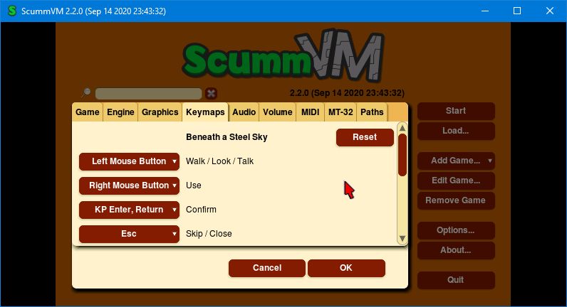 настройки карты клавиш scummvm