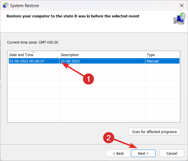 Выбор точки восстановления Windows