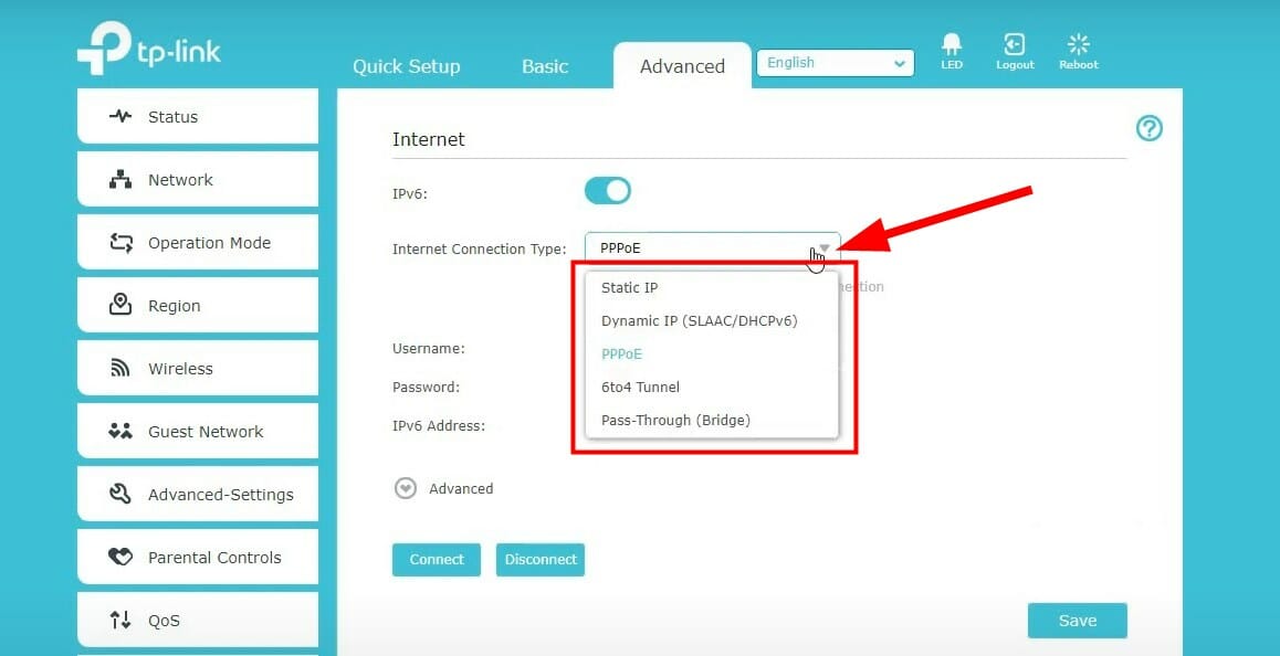 Параметры типа подключения IPv6 в роутере