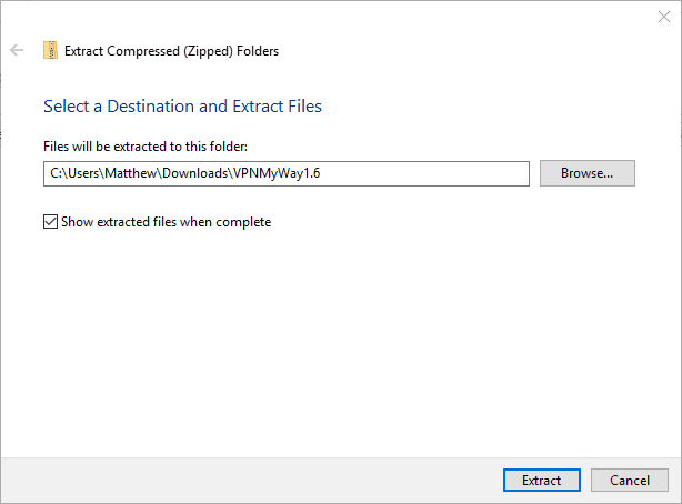Окно выбора папки для распаковки архива VPNMyWay