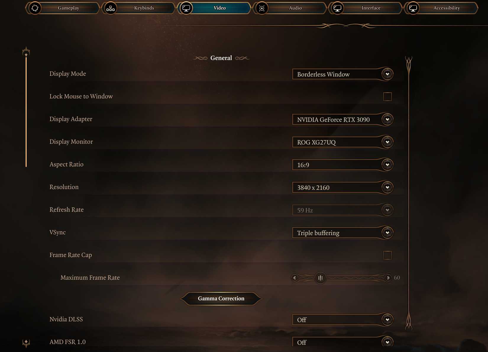 Экран видеонастроек внутри игры с ползунками и переключателями