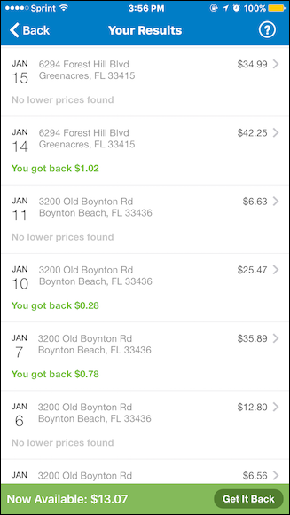 Скриншот истории результатов Savings Catcher с деталями покупок