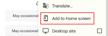 Выберите Добавить на главный экран в меню Chrome