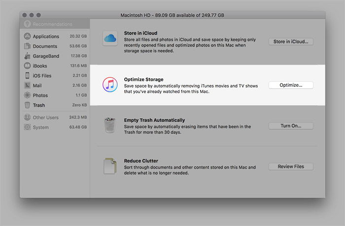 Опция оптимизировать хранение для iTunes видео