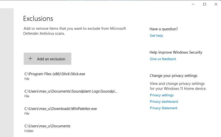 Кнопка добавления исключения в параметрах безопасности