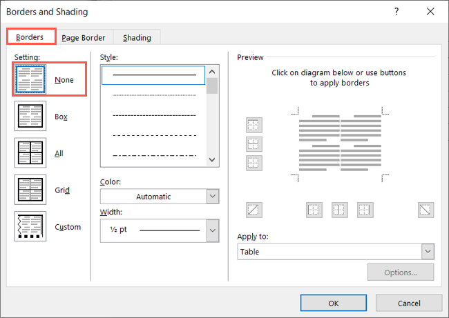 Параметр 'Нет' на вкладке 'Таблица' в окне 'Границы и заливка'