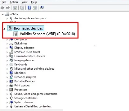 Диспетчер устройств: устройство биометрии Validity Sensor и команда Отключить устройство
