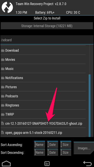 TWRP: выбор ZIP-файла ROM для установки
