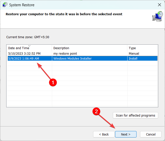 Выбор точки восстановления и подтверждение