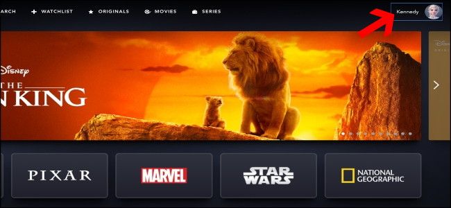 Домашняя страница Disney+ с выделенным аватаром профиля