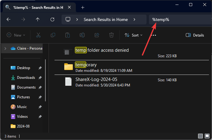 Открытая временная папка Windows (%temp%)