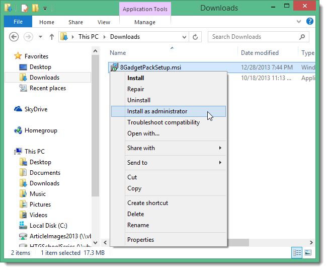 Выбор пункта Установить от имени администратора в контекстном меню для MSI