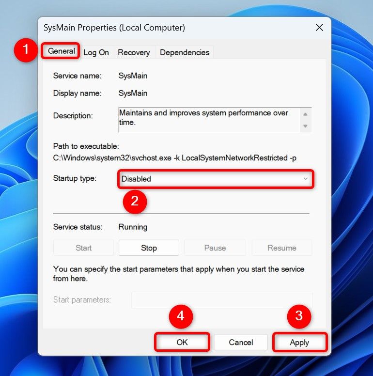 Окно свойств сервиса SysMain с опцией