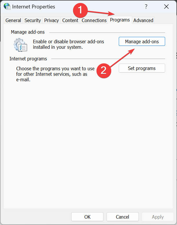 Окно 'Управление надстройками' в Internet Explorer