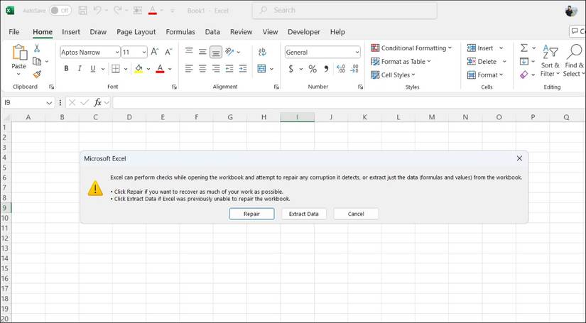 Окно восстановления книги Excel