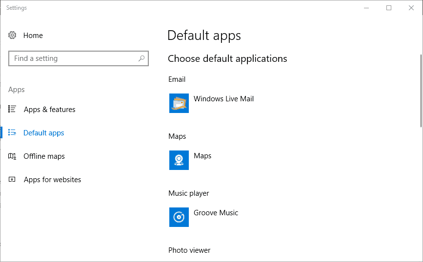 Окно «Приложения по умолчанию» в Windows 10