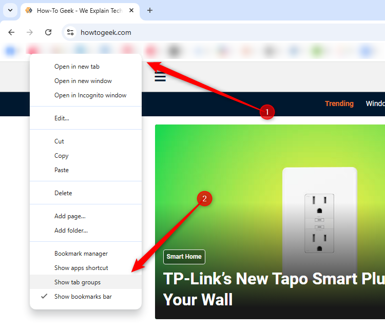 Панель закладок Chrome с контекстным меню для отключения кнопки групп вкладок.