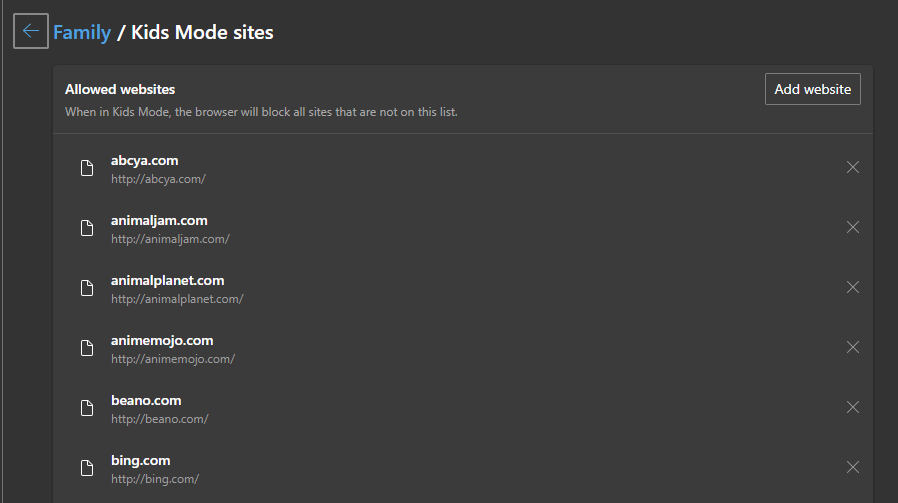 Список разрешённых сайтов Kids Mode с кнопкой Добавить сайт