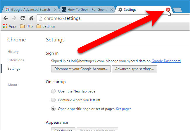Закрытие вкладки Settings в Chrome