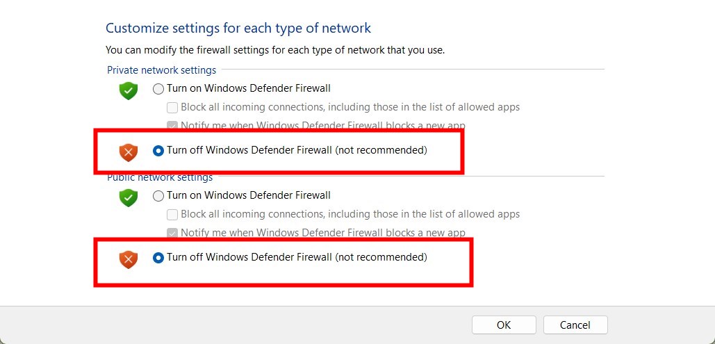 Экран с опцией отключения брандмауэра для сетей