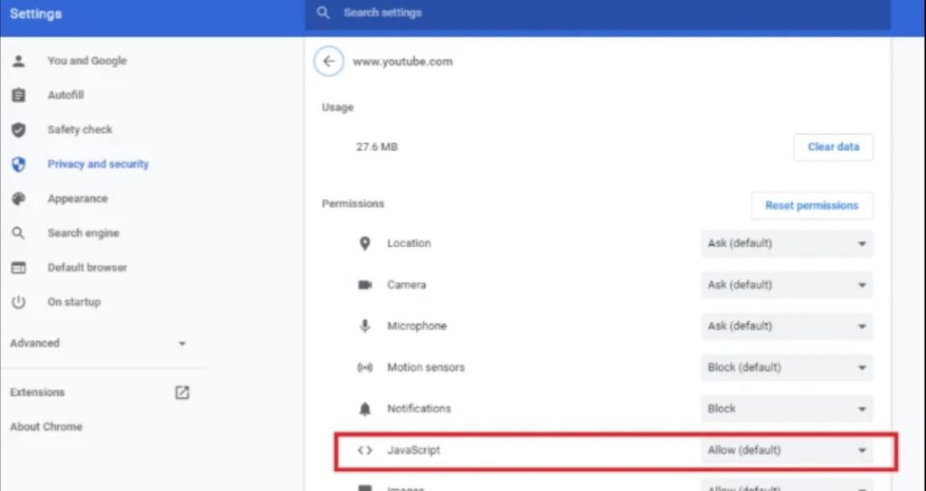 Настройка разрешений сайта, блокировка JavaScript