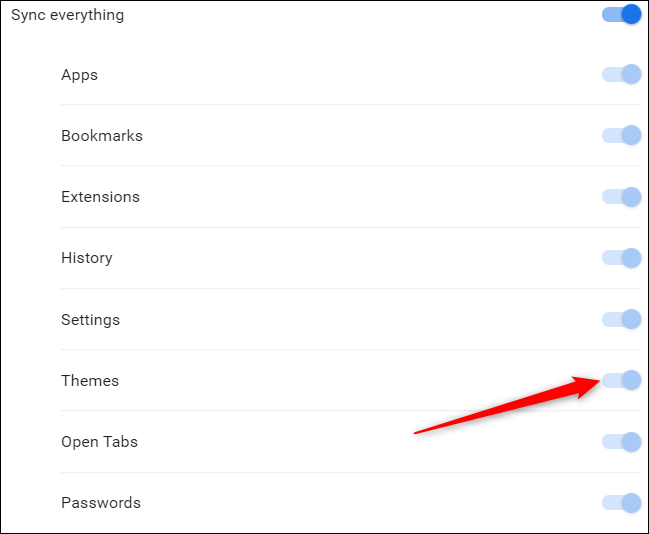 Отключите переключатель Темы в настройках синхронизации