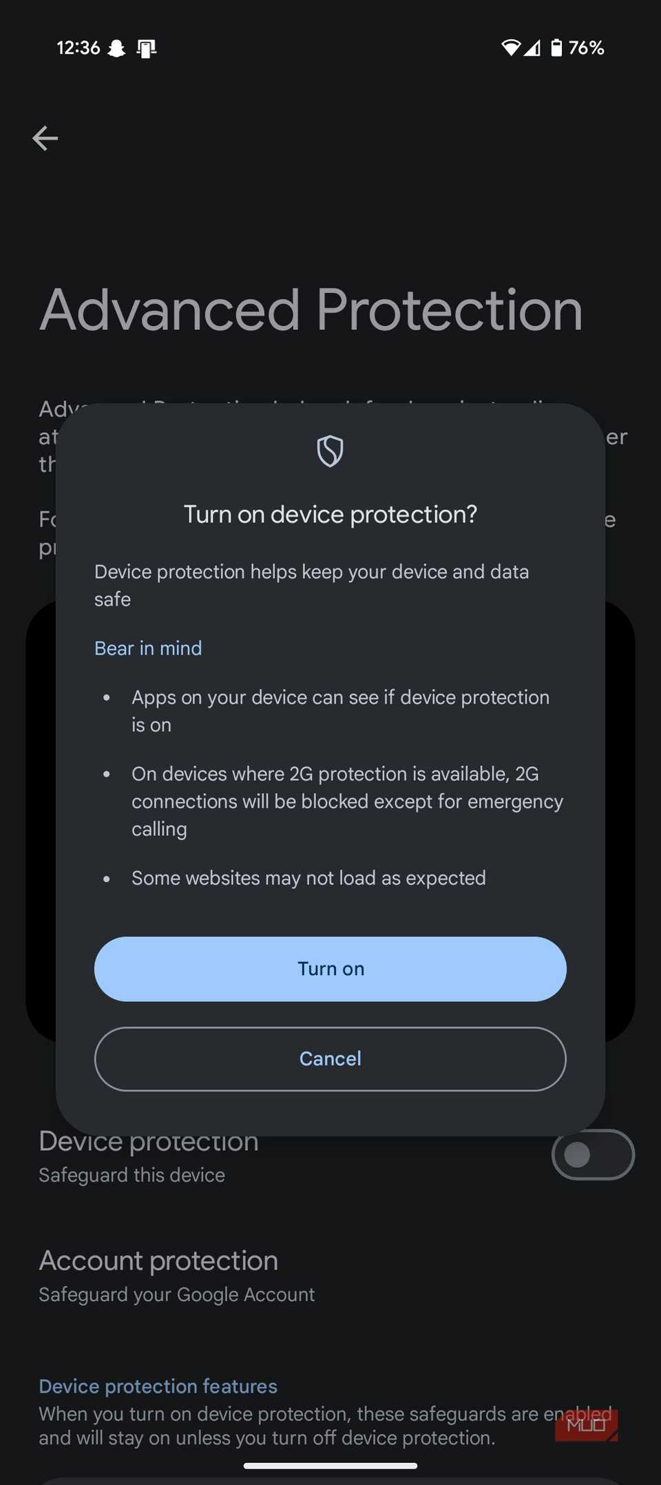 Предупреждающее всплывающее окно Advanced Protection.