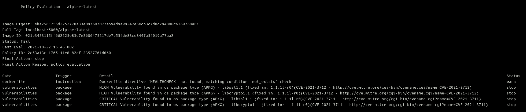 Скриншот: результаты сканирования Anchore