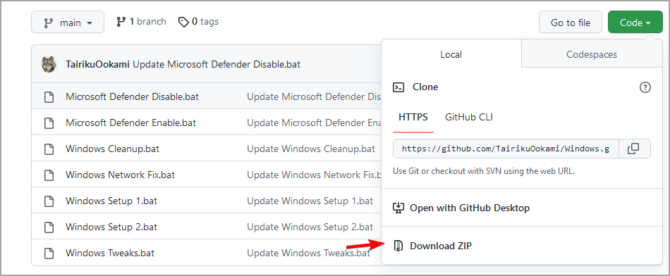 Скриншот скачивания ZIP с GitHub