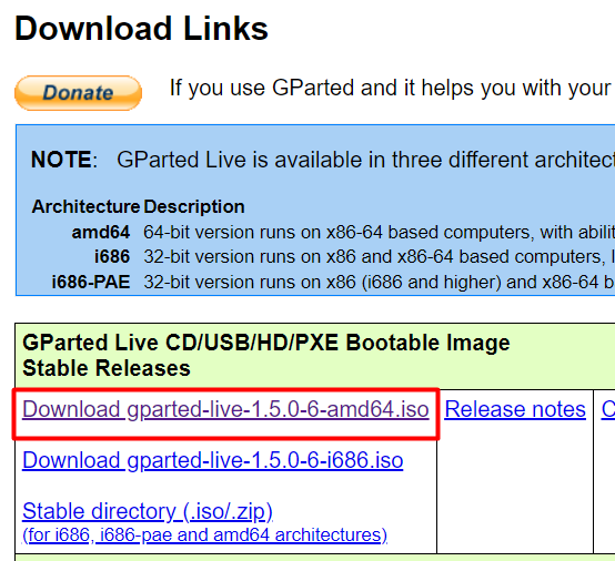 Страница загрузки GParted ISO