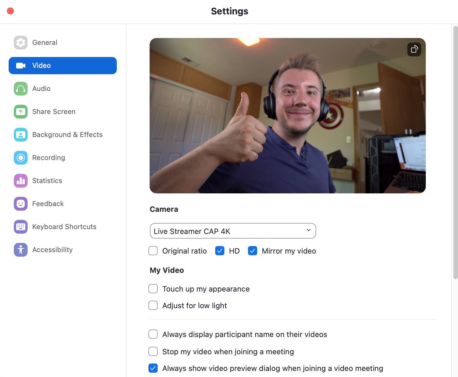 Settings to change camera in Zoom