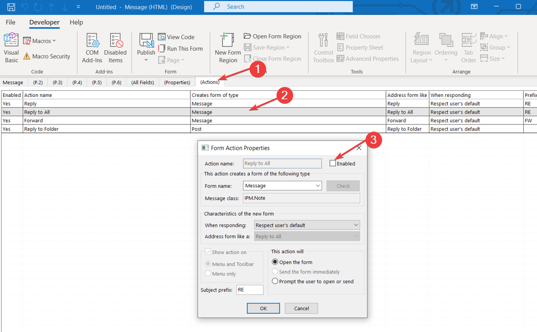 Отключение действия Ответить всем в свойствах формы