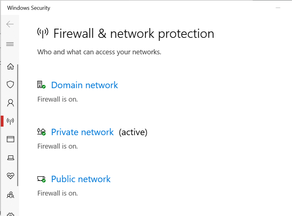 Скриншот: настройки брандмауэра и защиты сети в Windows