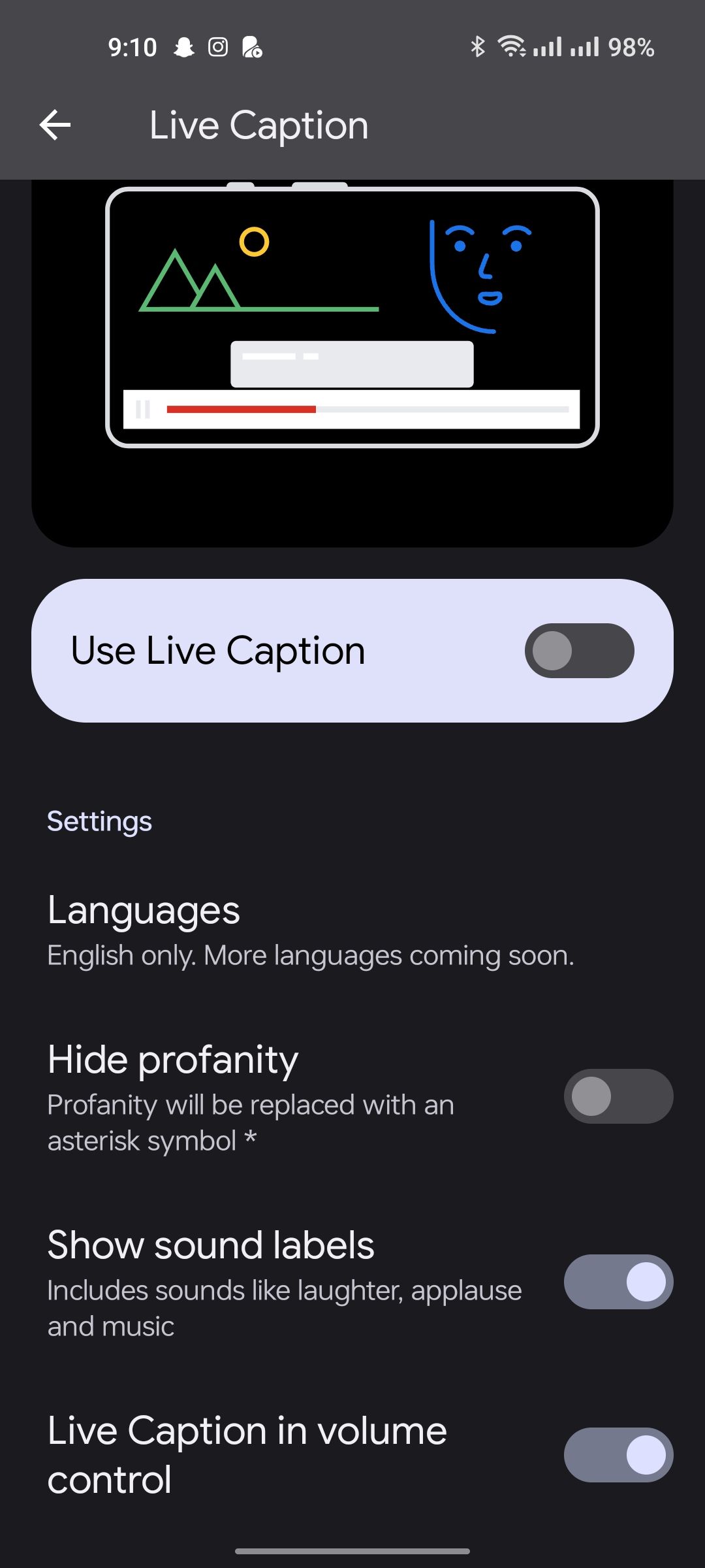 Опции Live Caption: цензура и метки звуков
