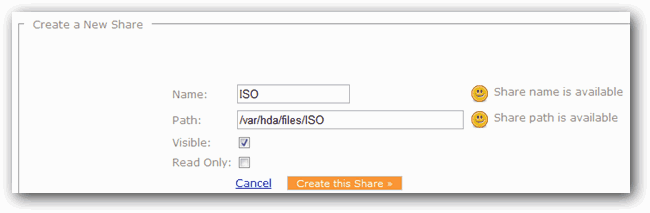 Создание новой общей папки в веб-интерфейсе Amahi