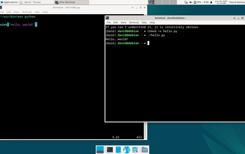Рабочий стол Linux с Vim и оболочкой в отдельных окнах терминала.
