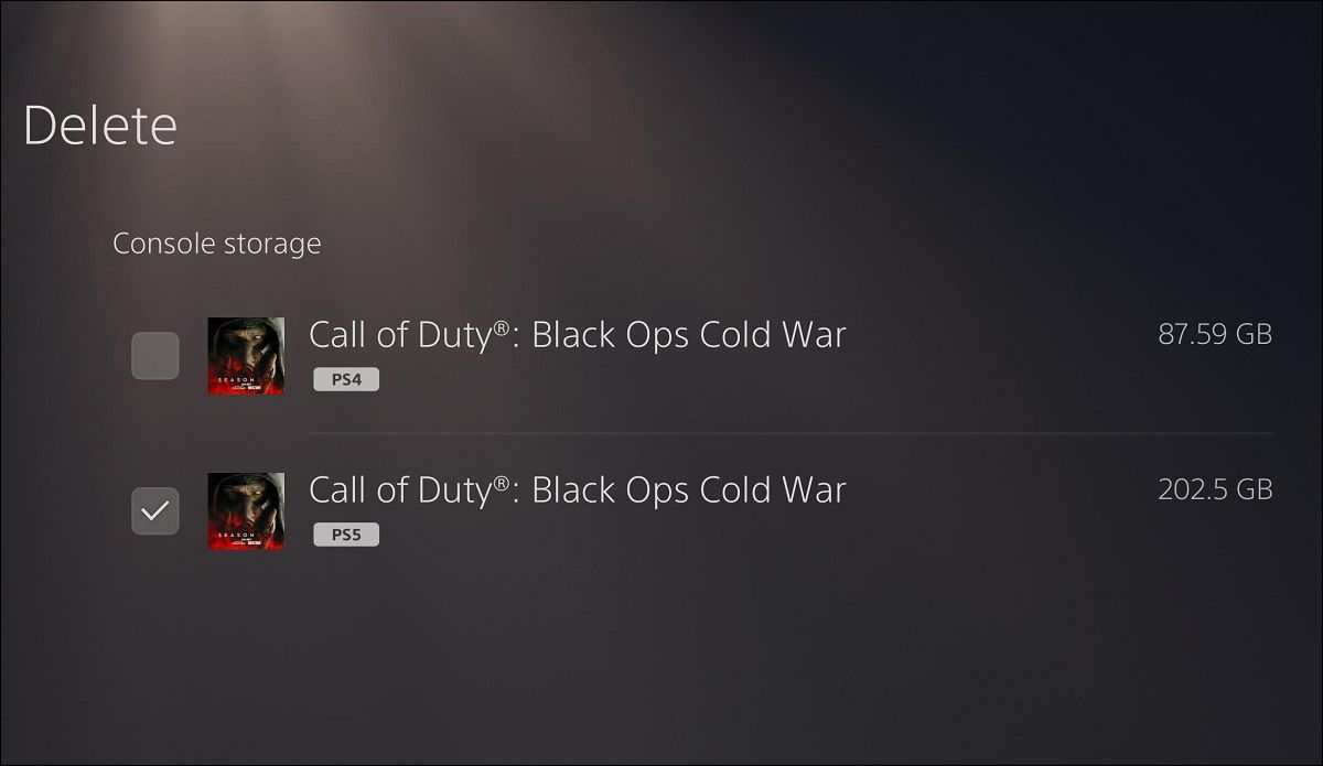 Меню на PS5 для выбора версии игры для удаления