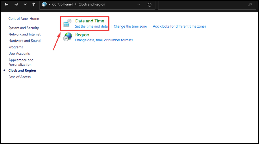 Окно «Дата и время» в Панели управления