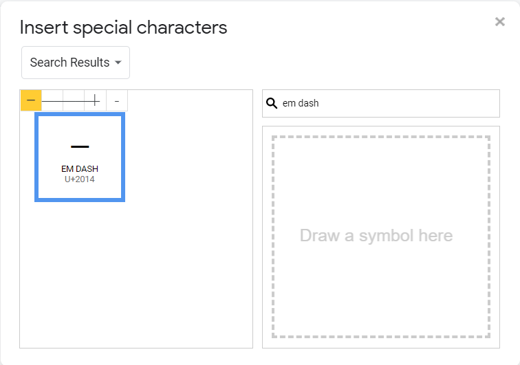 Выбор em dash в списке специальных символов