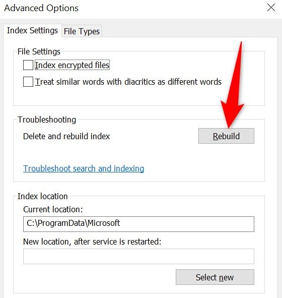 Выделена кнопка 'Rebuild' в разделе 'Troubleshooting'